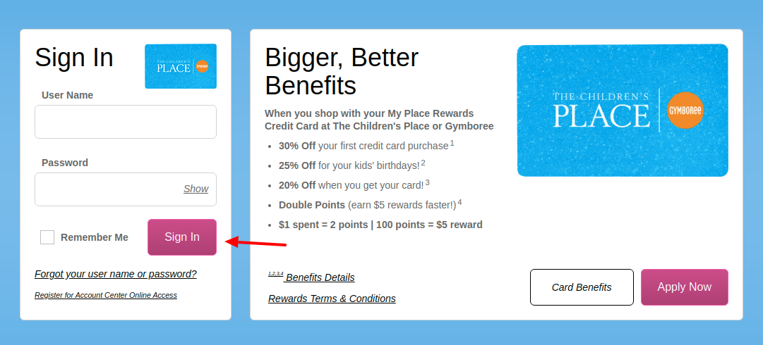 Childrens Place Rewards Credit Card Login